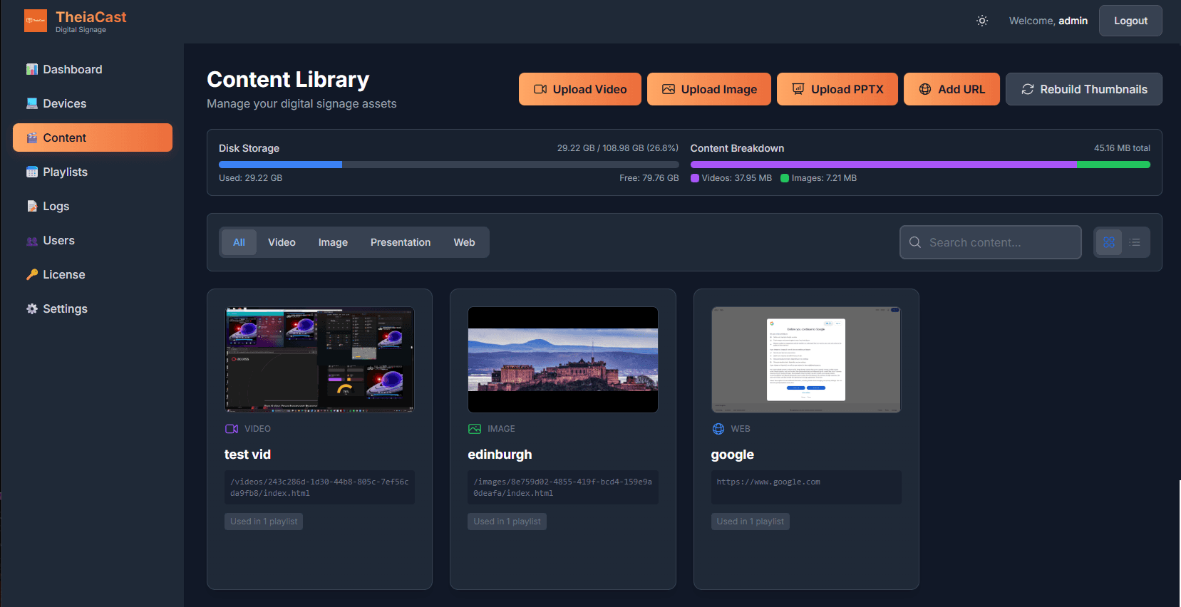 Content page with grid view