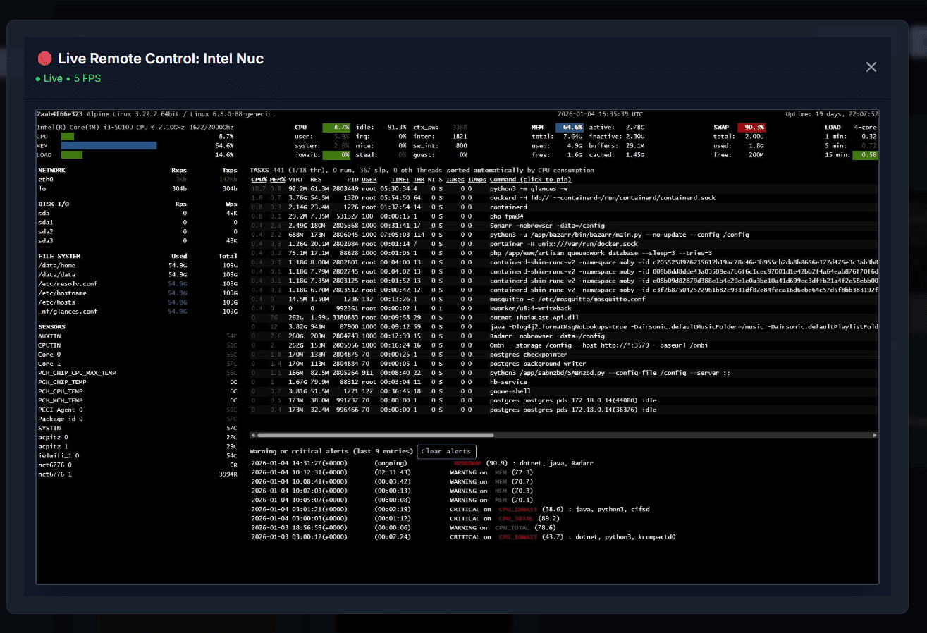 Live remote control modal with stream