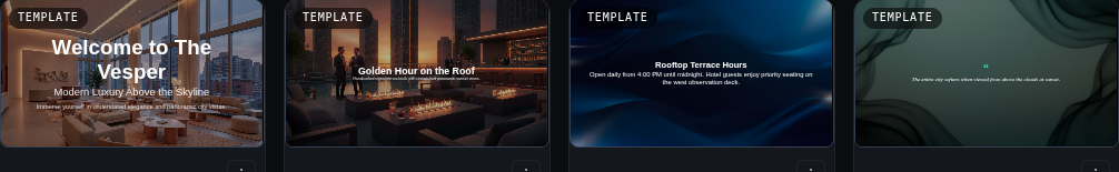 Four pieces of signage content generated by TheiaCast's AI Starter Playlist wizard from a one-line hotel description: a welcome screen, a promotion banner, an announcement, and a quote card