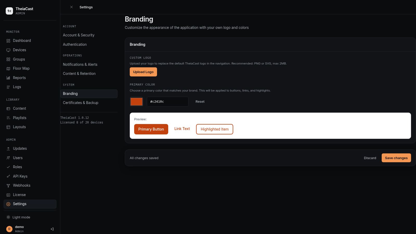 Branding section with logo upload
