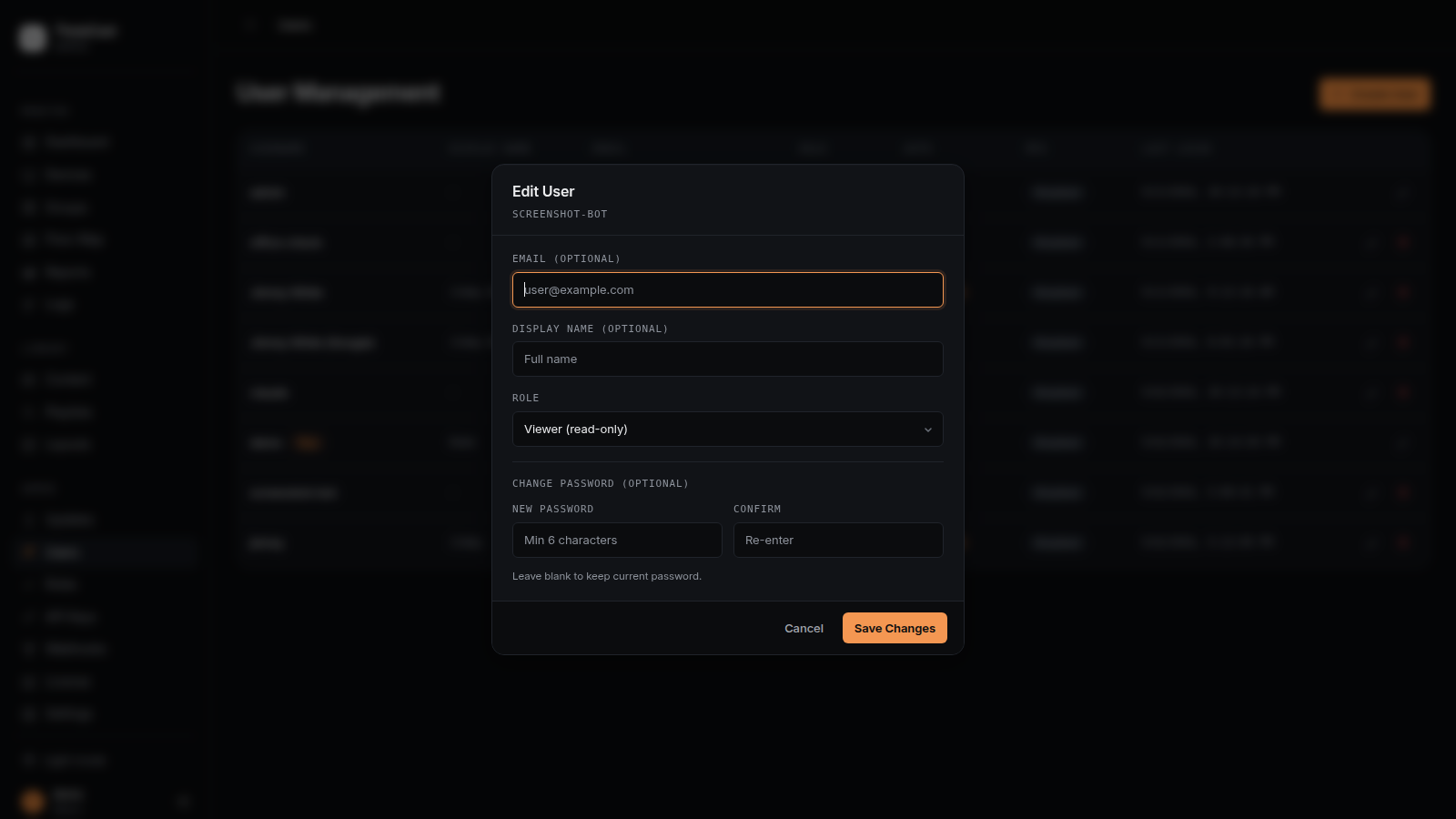 Edit User modal with editable fields