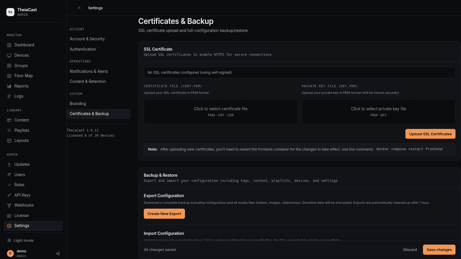 Certificates & Backup section with SSL certificate upload form