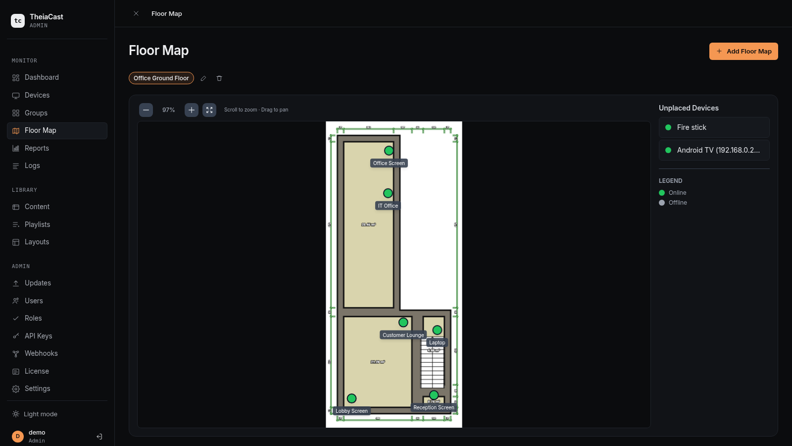 Floor Map with a floor plan and placed devices