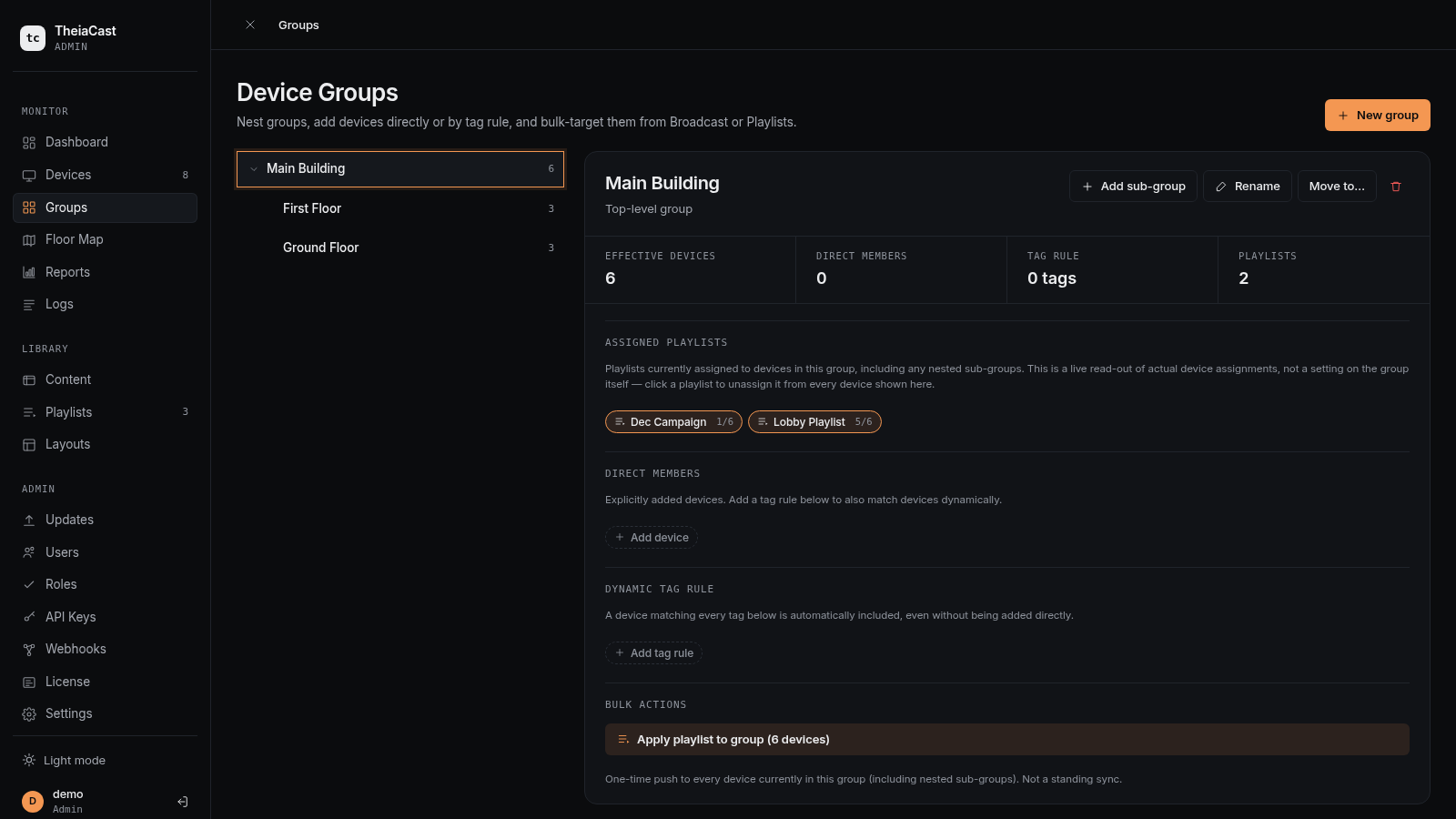 Device Groups page showing a selected group with effective devices, assigned playlists, direct members, and dynamic tag rule