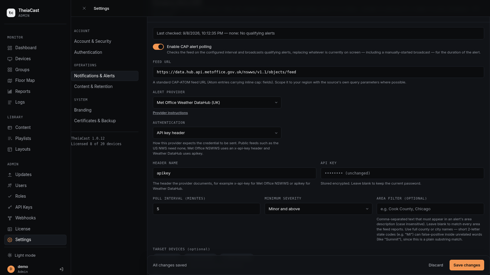 Emergency Alerts (CAP) settings showing feed URL, alert provider, authentication, poll interval, and severity fields