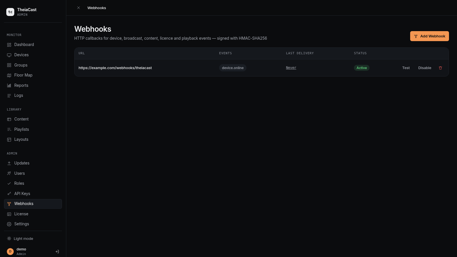 Webhooks page showing a configured webhook with its URL, subscribed events, last delivery, and status